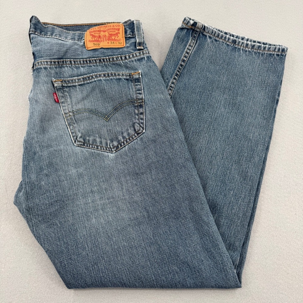 Distressed Levis 569 Loose Straight Leg Jeans Mens 34x32 (34x30) Blue Denim - Picture 2 of 16